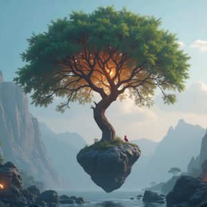 Tree growing from a floating rock island in a surreal landscape—free image for fantasy, abstract or concept visuals.
