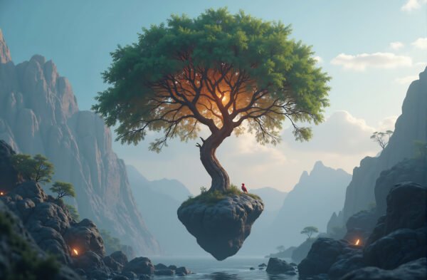 Surreal 3D landscape of a tree with glowing branches growing upside down from a rock suspended in mid-air