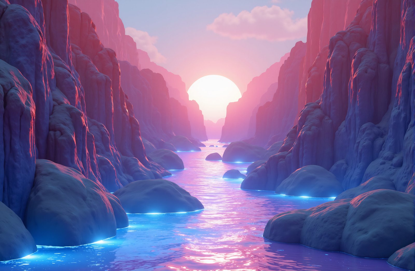 Abstract 3D canyon scene with multicolored crystal cliffs and a glowing river