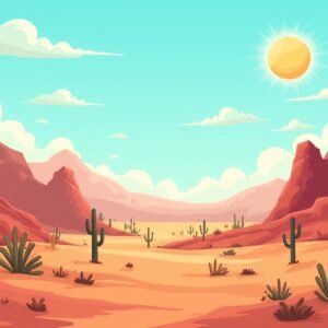 Cartoon desert landscape with red rock formations, sand and clear sky—illustration