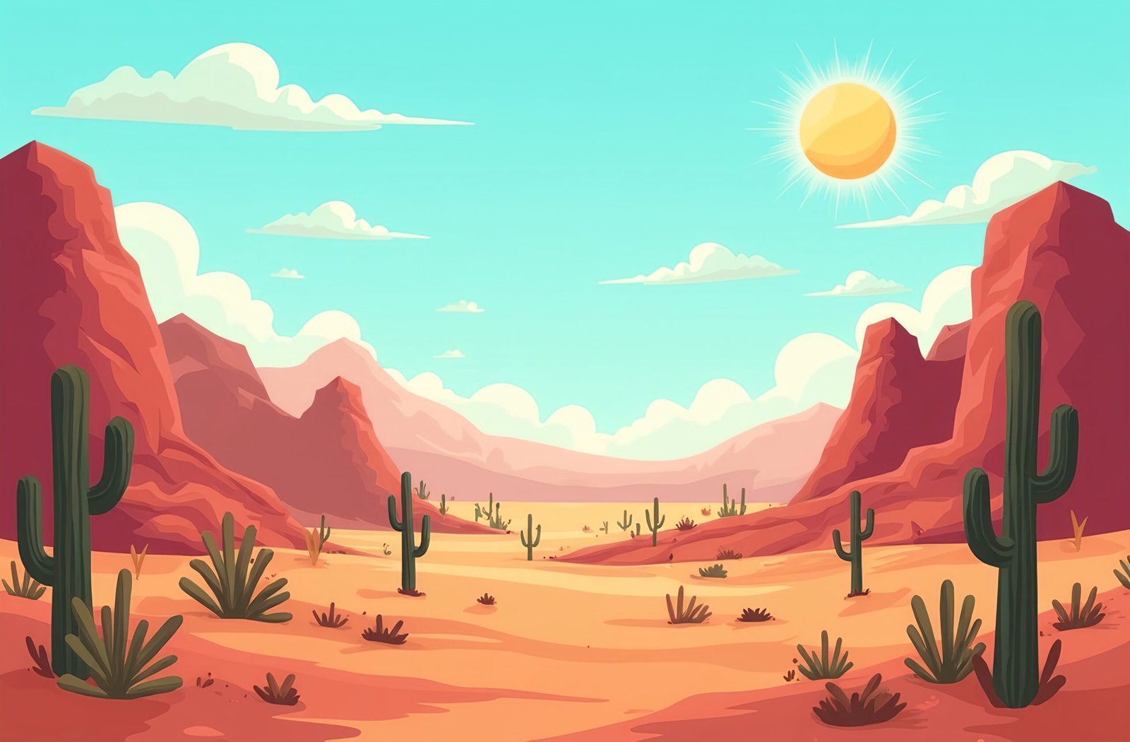 Cartoon desert landscape with red rock formations, sand and clear sky—illustration