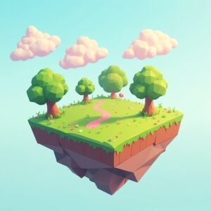 Cartoon-style floating garden with cubic trees, grass, and geometric clouds