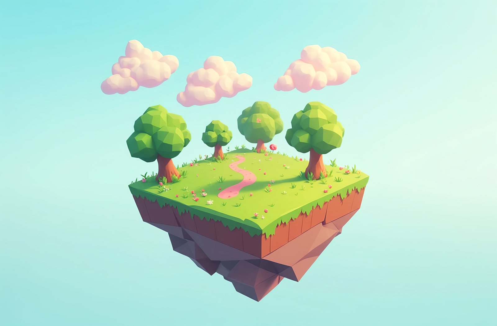Cartoon-style floating garden with cubic trees, grass, and geometric clouds