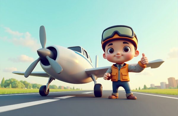 3D cartoon pilot giving thumbs up on runway next to airplane