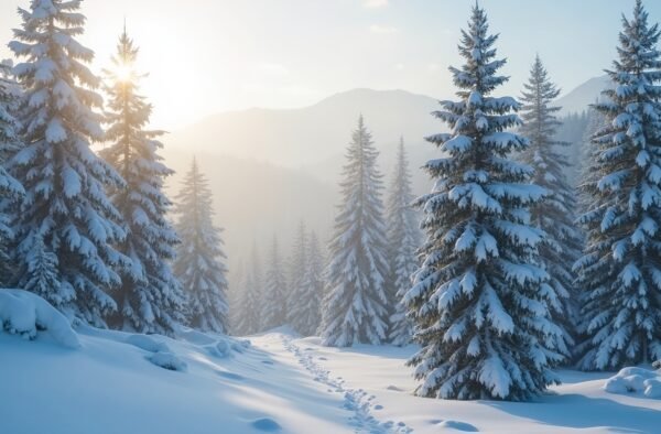 Cedar trees in winter, covered in snow, soft sunlight through foggy mountain air
