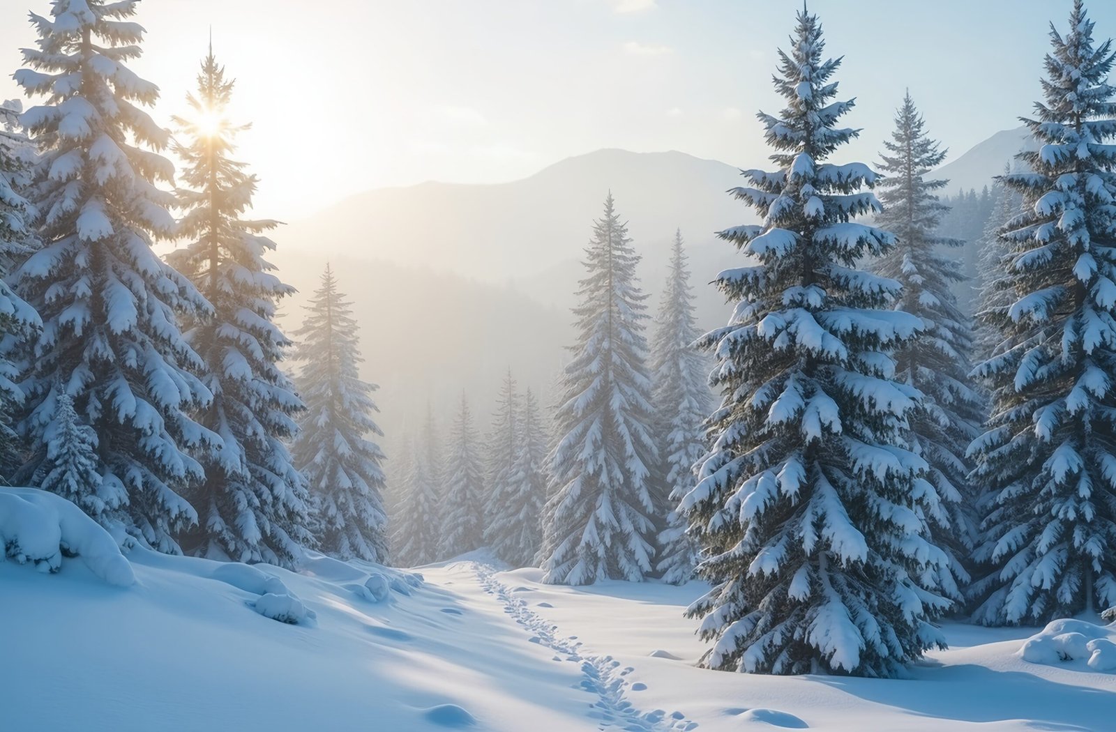 Cedar trees covered in fresh snow in a winter forest—free image for nature, winter or woodland visuals.