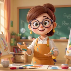 Charming 3D cartoon art teacher with glasses, apron, and paint-streaked hands, standing in a colorful art classroom
