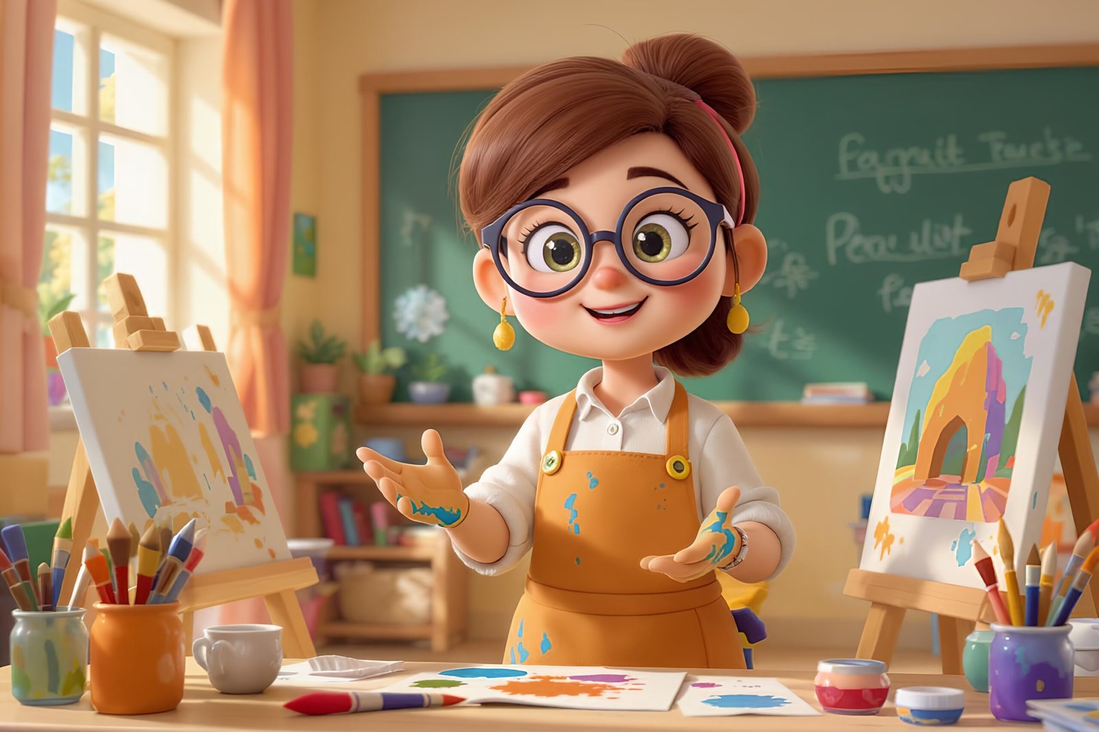 Charming 3D cartoon art teacher with glasses, apron, and paint-streaked hands, standing in a colorful art classroom