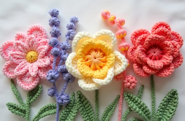 Close up image of colorful crochet flowers laid out neatly on a white background