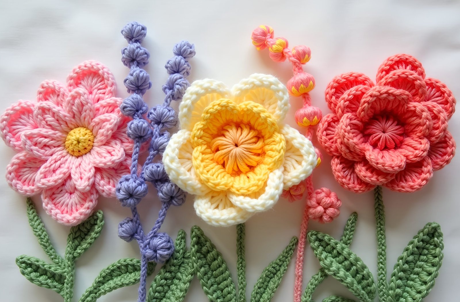 Close-up detail shot of colorful handmade crochet flowers showing intricate yarn texture and craftsmanship