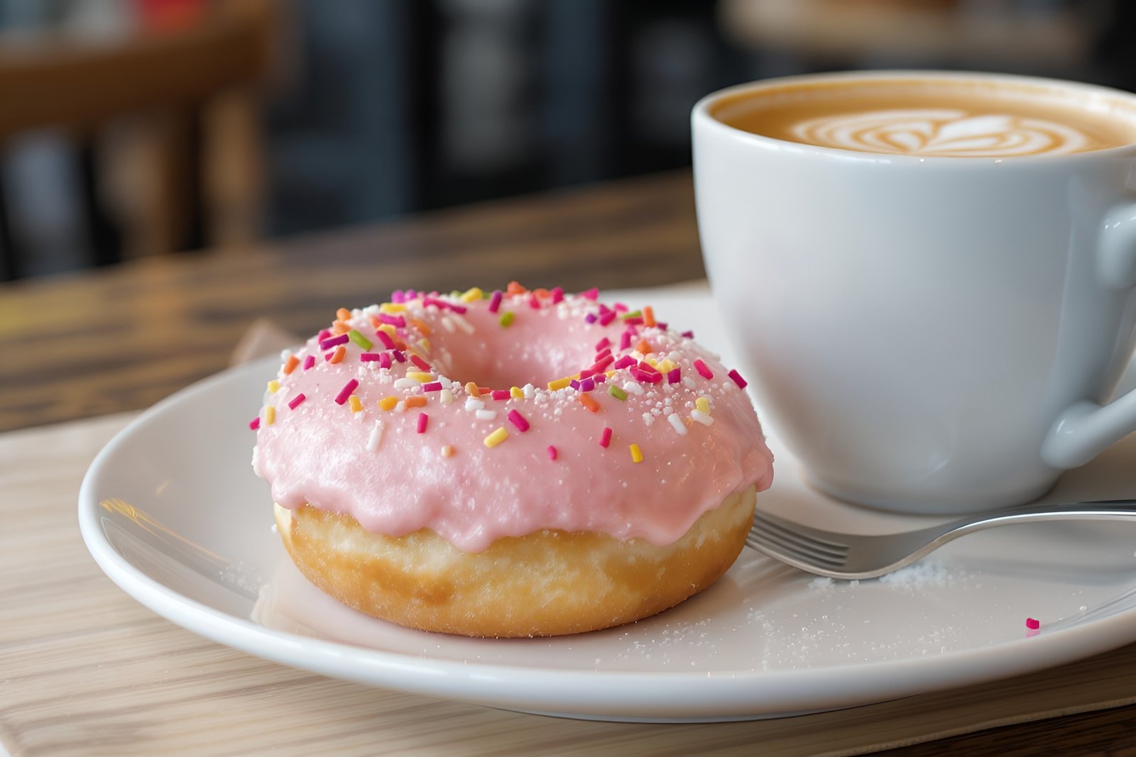 Close-up of a frosted donut with sprinkles on a white plate beside a latte in a ceramic mug