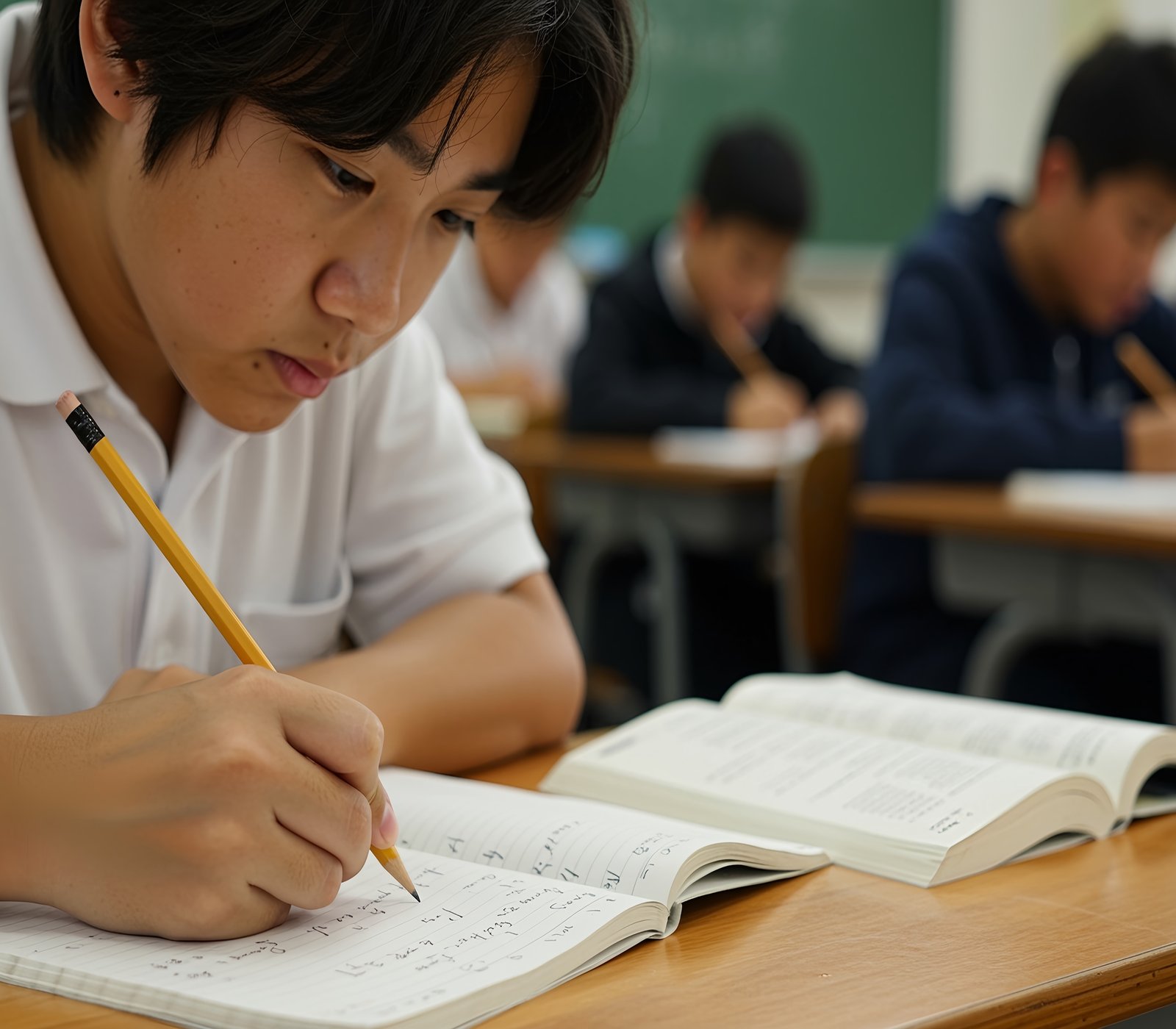 Close-up of a student writing in a notebook with a pencil, textbook open on the desk, blurred classroom background