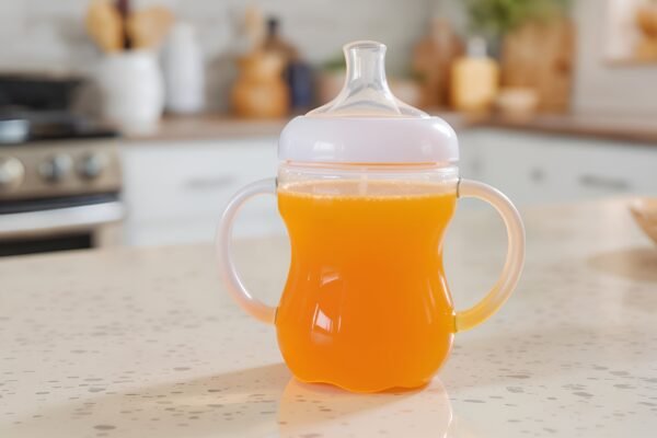 Close-up of a transparent sippy cup, filled with juice, placed on a kitchen counter