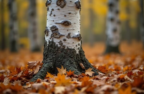 Close-up of aspen tree trunk with white bark and black markings, forest floor covered in fallen leaves