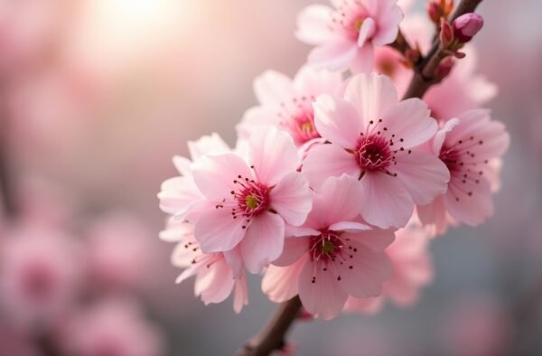 Close-up of cherry tree branch with delicate pink flowers