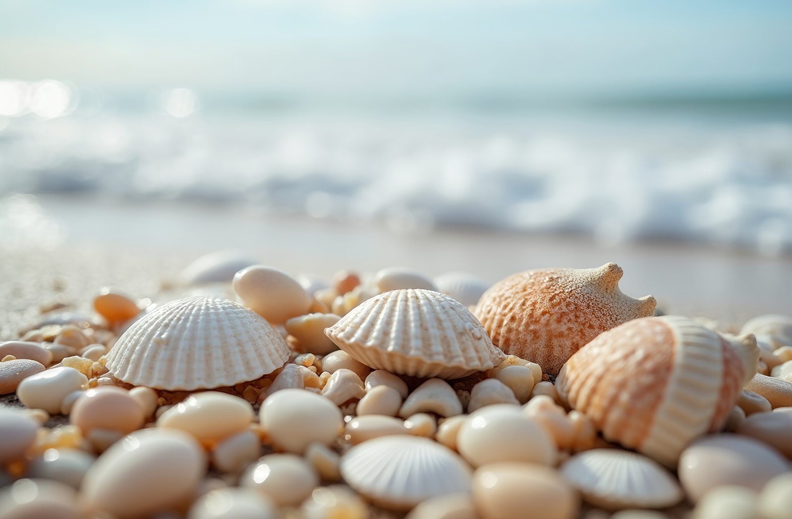 Close-up of seashells and pebbles on wet sand with foamy ocean waves