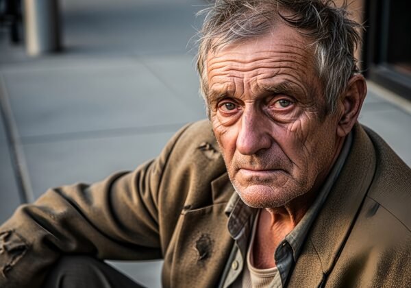 Close up portrait of a homeless old man