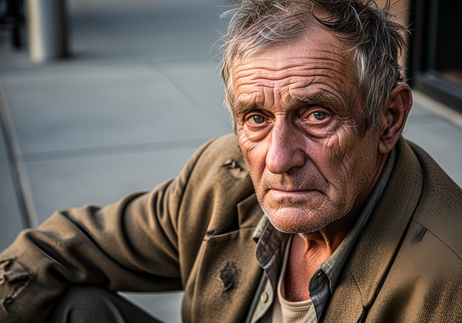 Close-up portrait of an elderly homeless man with weathered features—free image for social-issue or portrait visuals.