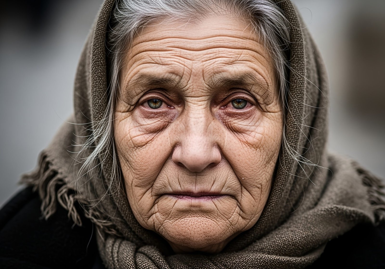 Close-up portrait of a homeless old woman showing worn features and emotion—human-interest photo
