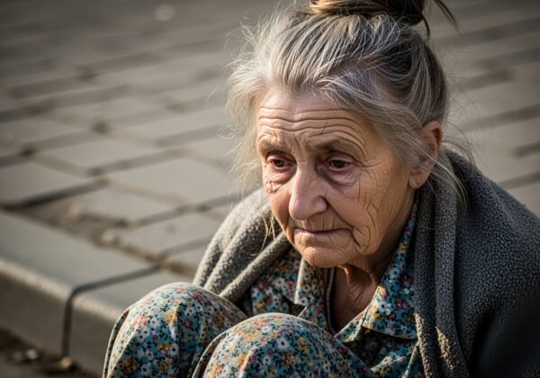 Close up portrait of a homeless old woman with tired eyes sitting on the sidewalk