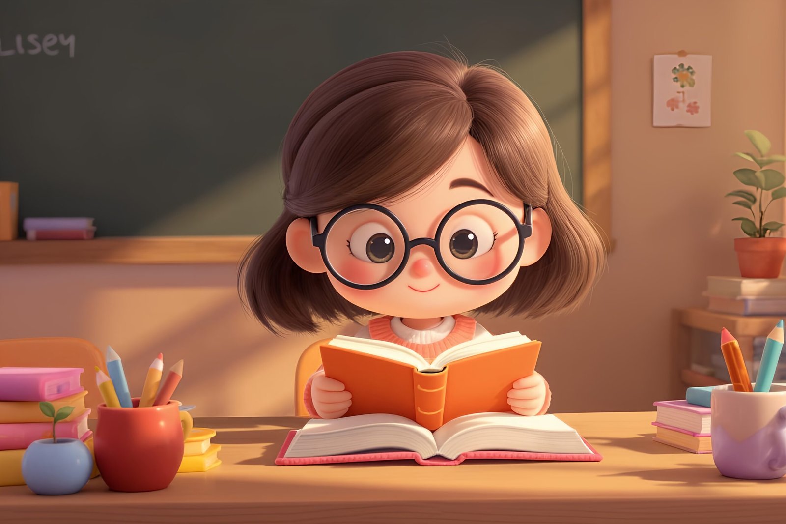 Cute 3D cartoon girl with glasses reading a book at her desk, classroom setting in the background