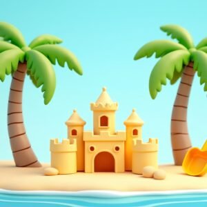 3D cartoon beach scene with palm trees, sandcastle, bucket and shovel