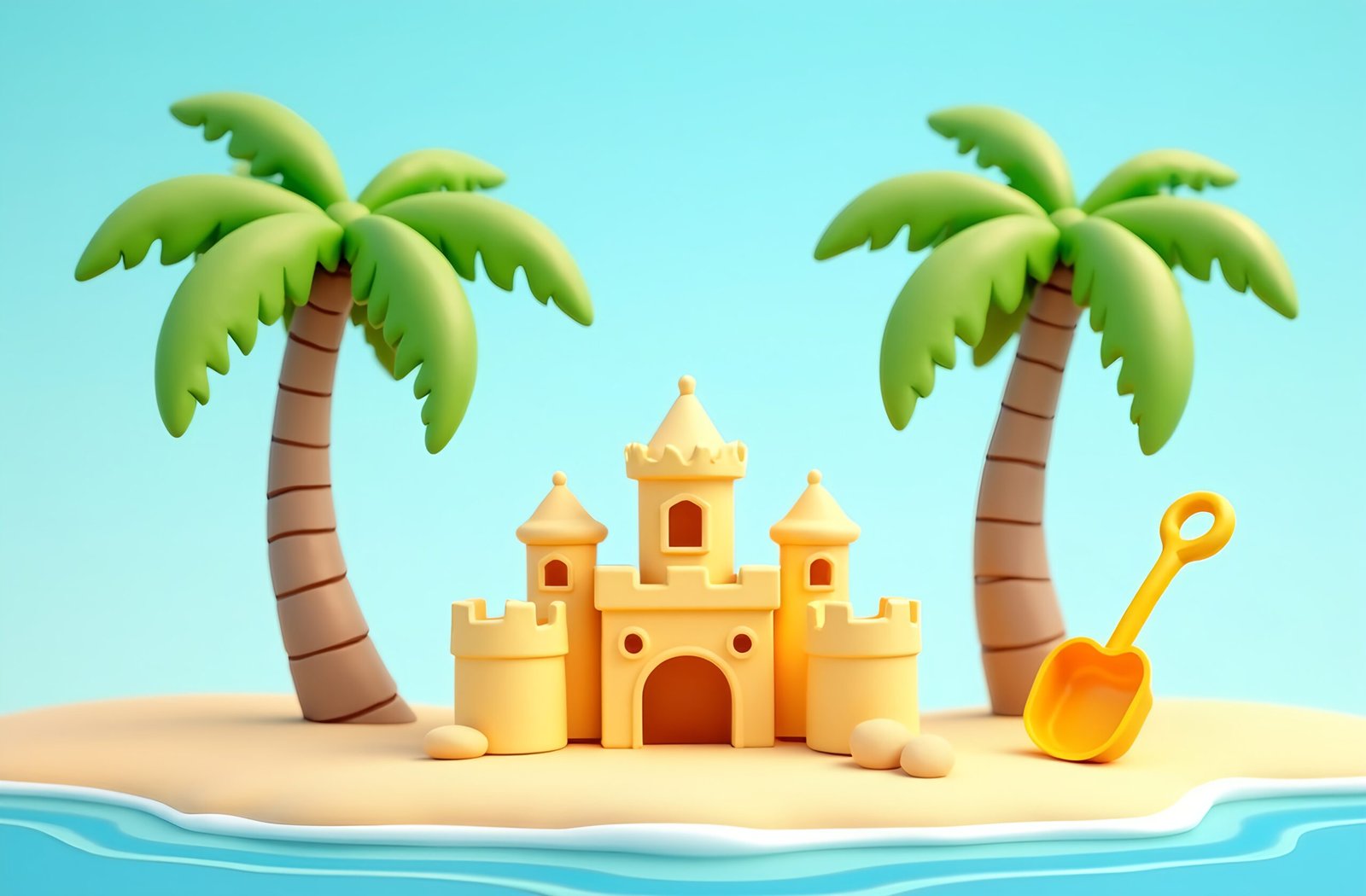 3D cartoon beach scene with a sandcastle on the shore—summer illustration