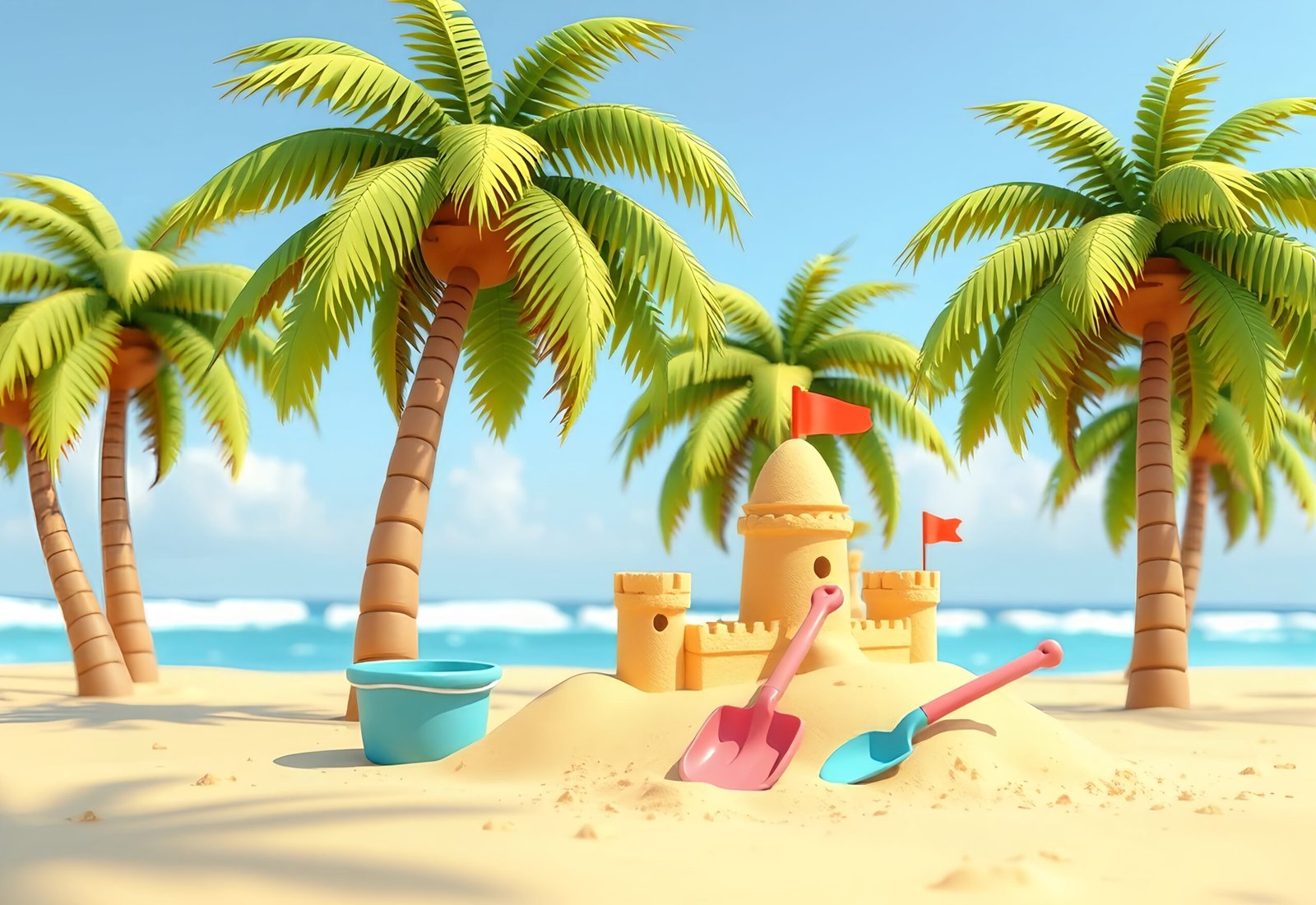 3D cartoon beach scene with palm trees, sandcastle, bucket and shovel