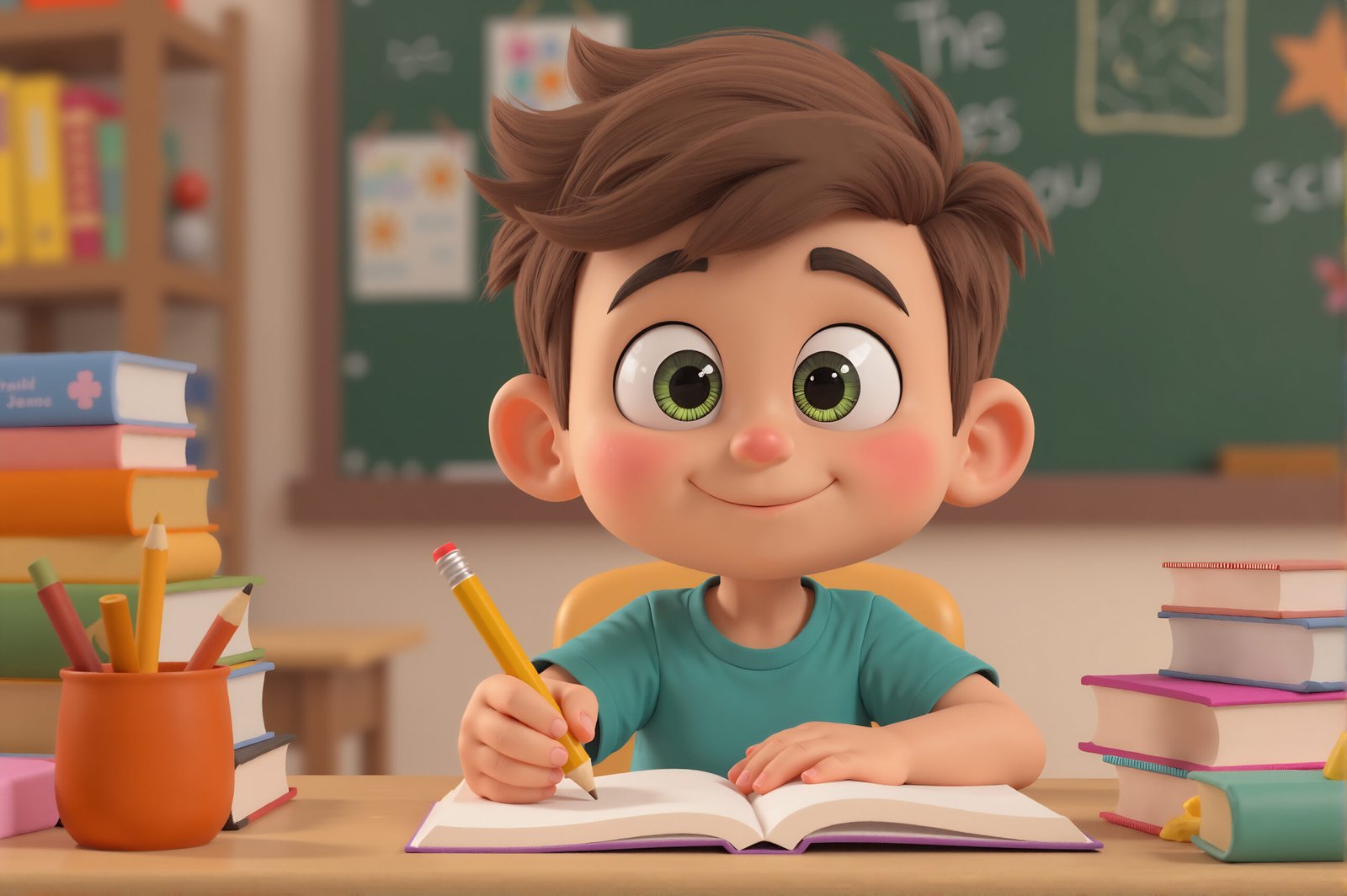 3D cartoon student at their desk looking engaged—education illustration for classroom or e-learning content.