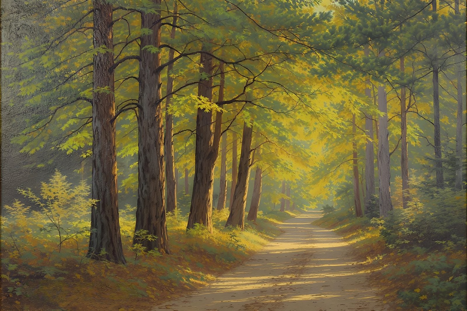 Oil painting scene of cedar trees lining a quiet woodland path