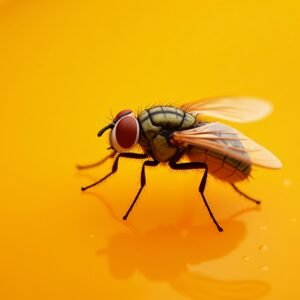 Detailed view of a fruit fly landing on orange juice, photorealistic textures with reflections and highlights