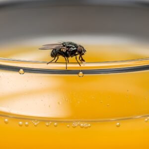 Macro close-up of a fruit fly on the surface of a glass of orange juice—free image for entomology, food-hygiene or macro visuals.