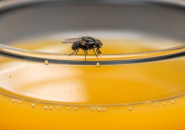 Detailed view of a fruit fly landing on a glass of orange juice, photorealistic textures with reflections and highlights