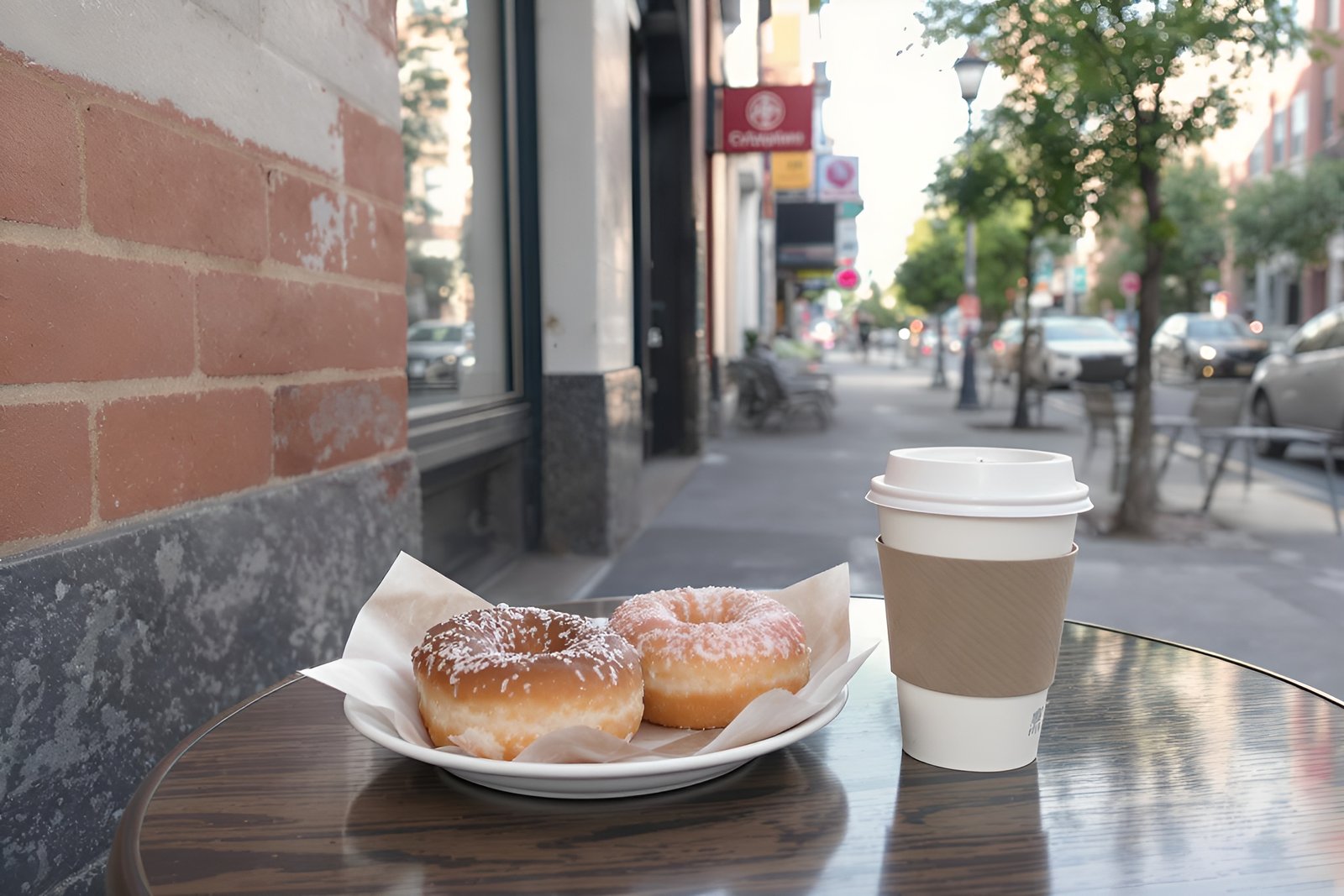 Donuts and a takeaway coffee cup on a café table – breakfast scene photo