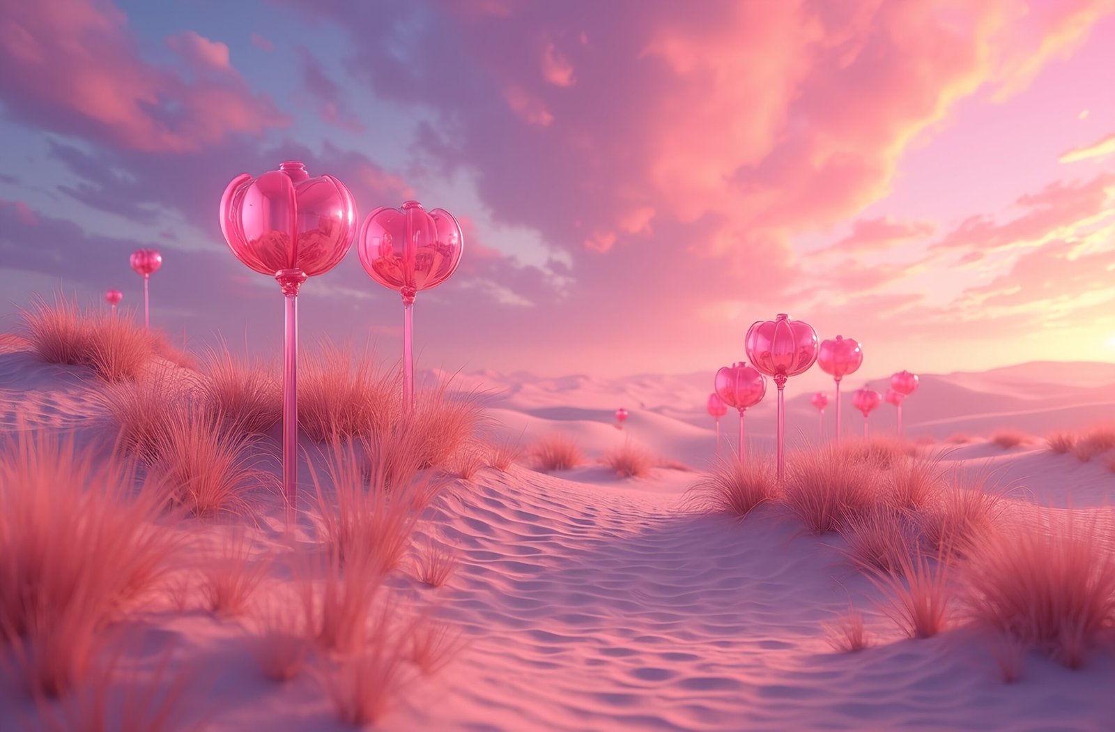 Surreal 3D rendered desert landscape with giant translucent glass flowers in dreamlike artistic scene