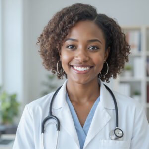 Smiling black female doctor with a stethoscope in a clinic, photorealistic style