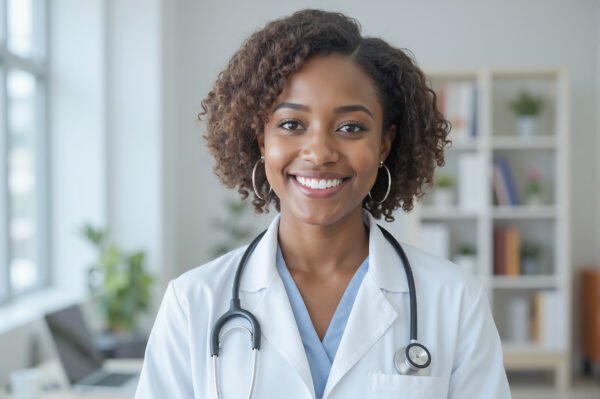 Smiling black female doctor with a stethoscope in a clinic, photorealistic style