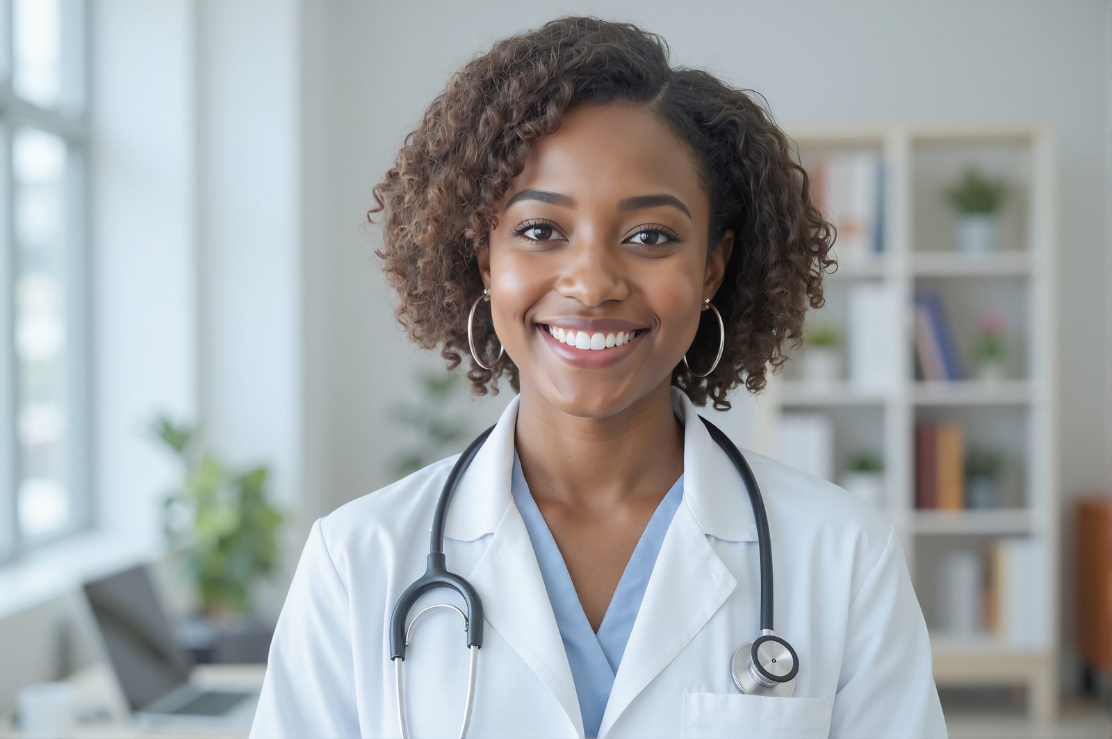 Smiling black female doctor with a stethoscope in a clinic, photorealistic style