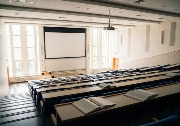 Empty university lecture hall with tiered seating, a digital projector screen, and notebooks scattered on desks