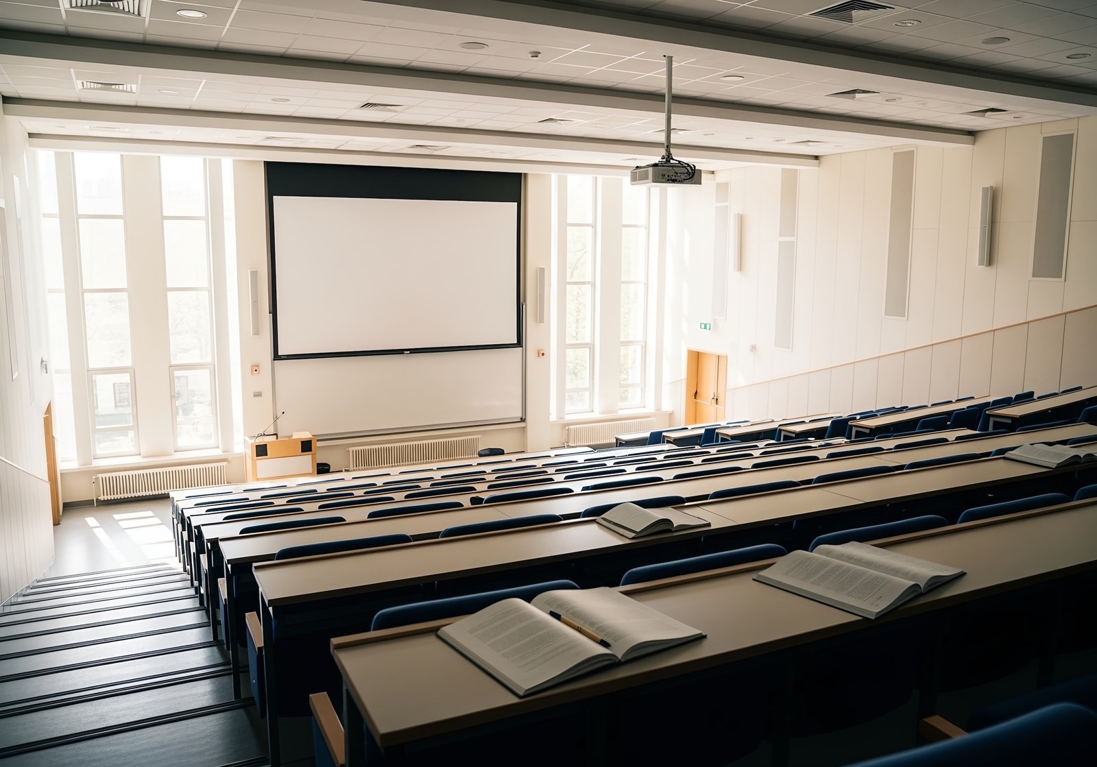 Empty university lecture hall with tiered seating, a digital projector screen, and notebooks scattered on desks