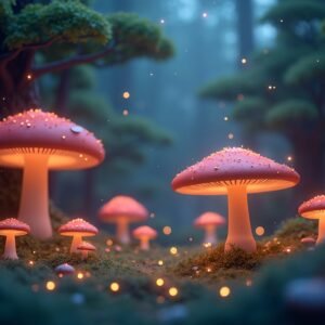 Enchanted 3D forest scene with glowing mushrooms, fantasy trees, and sparkles of magical light floating in the air