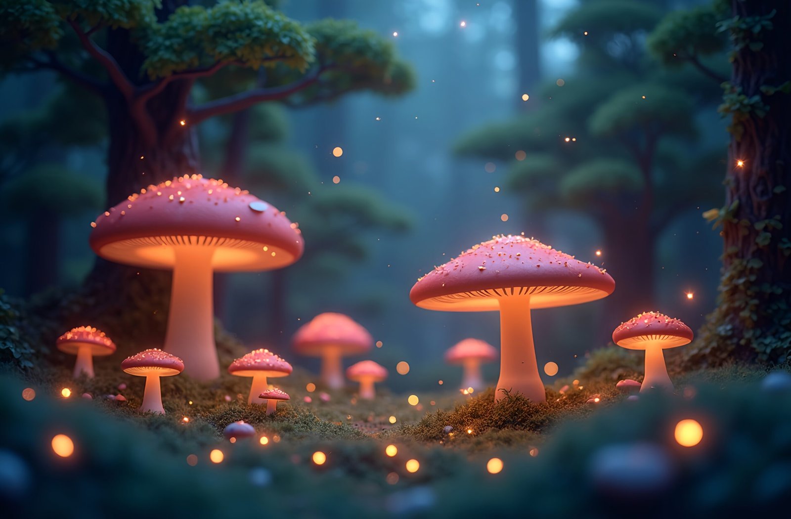 Enchanted 3D forest scene with glowing mushrooms, fantasy trees, and sparkles of magical light floating in the air