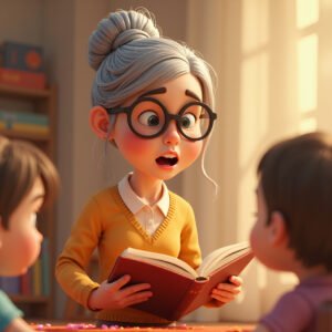 3D cartoon elderly teacher with glasses and gray hair bun, reading a storybook aloud to children