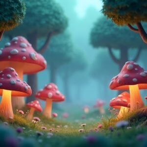 3D cartoon forest with glowing mushrooms and illuminated trees—free image for fantasy, game design or magical visuals.