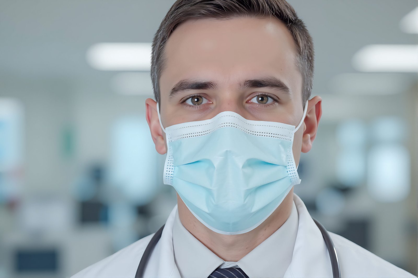 Close-up portrait of a young doctor wearing a medical mask and clinical uniform—free image for healthcare or medical visuals.