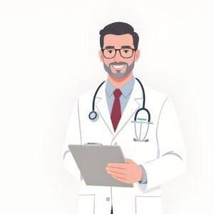 Flat vector illustration of a male doctor holding a clipboard—free graphic for healthcare, medical or professional visuals.