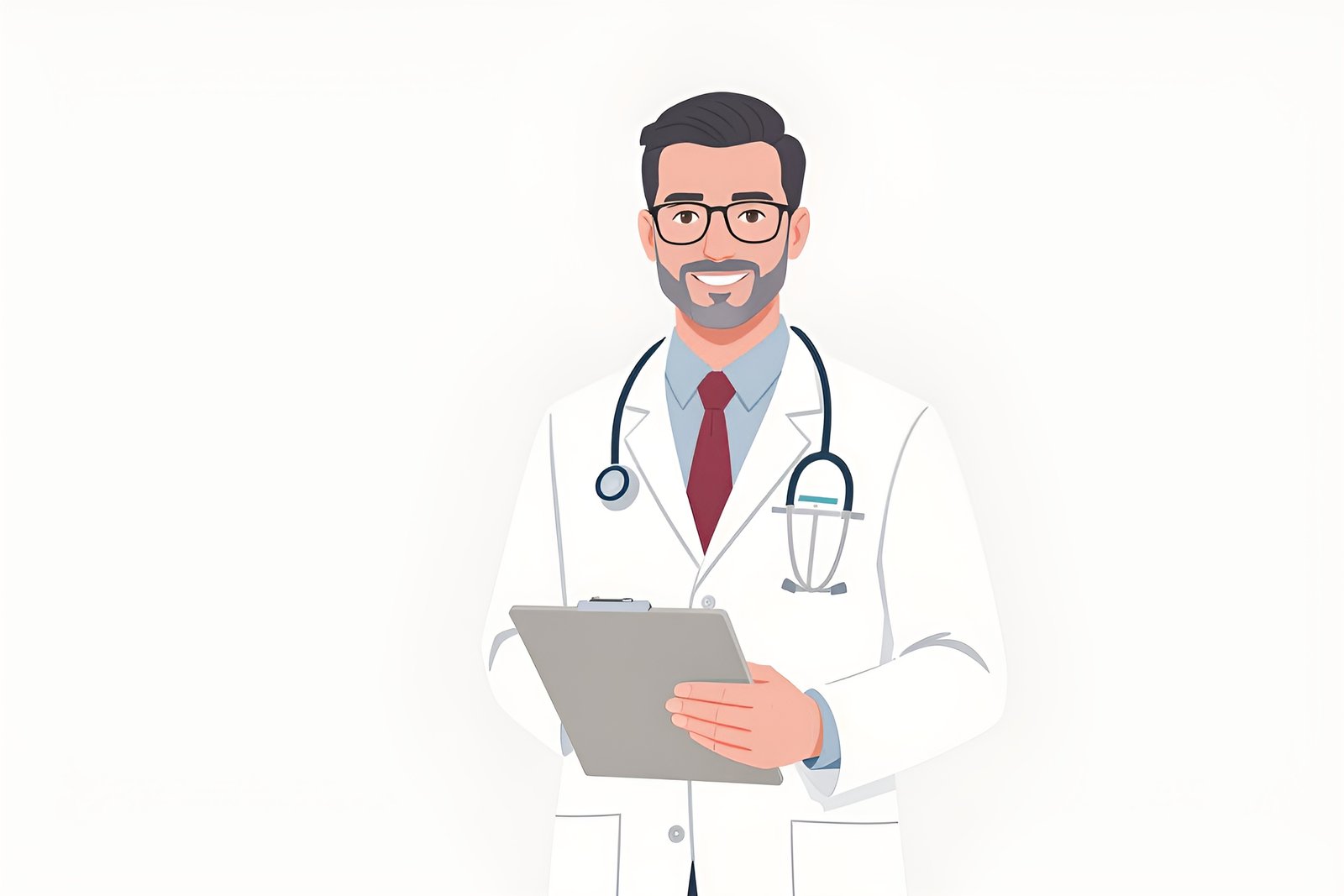 Flat vector illustration of a male doctor holding a clipboard—free graphic for healthcare, medical or professional visuals.