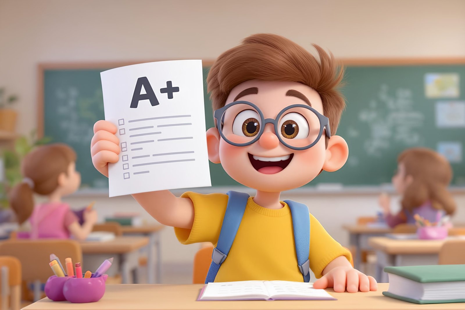 Happy 3D cartoon student holding up an 