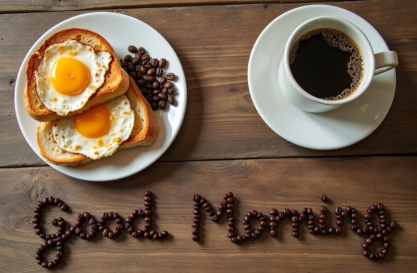 Good Morning spelled out using coffee beans on a table