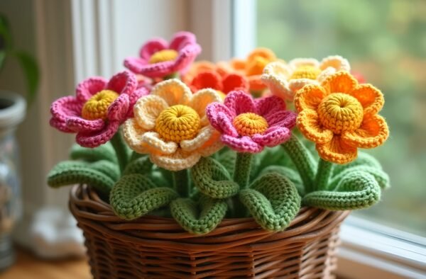 crochet flowers arranged in a basket